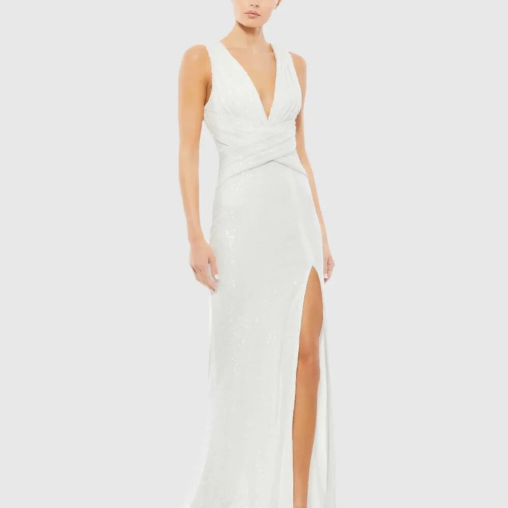 Mac Duggal White V-Neck Sequin Wrap Waist Gown 26598 Size 0,8,16 - Picture 2 of 4